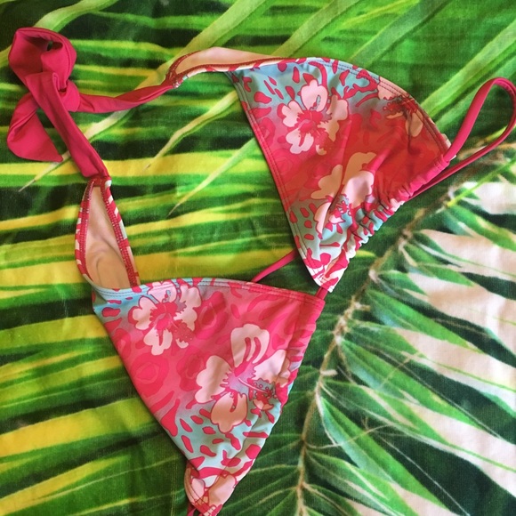 Pink tropical floral bikini halter top - Picture 2 of 3